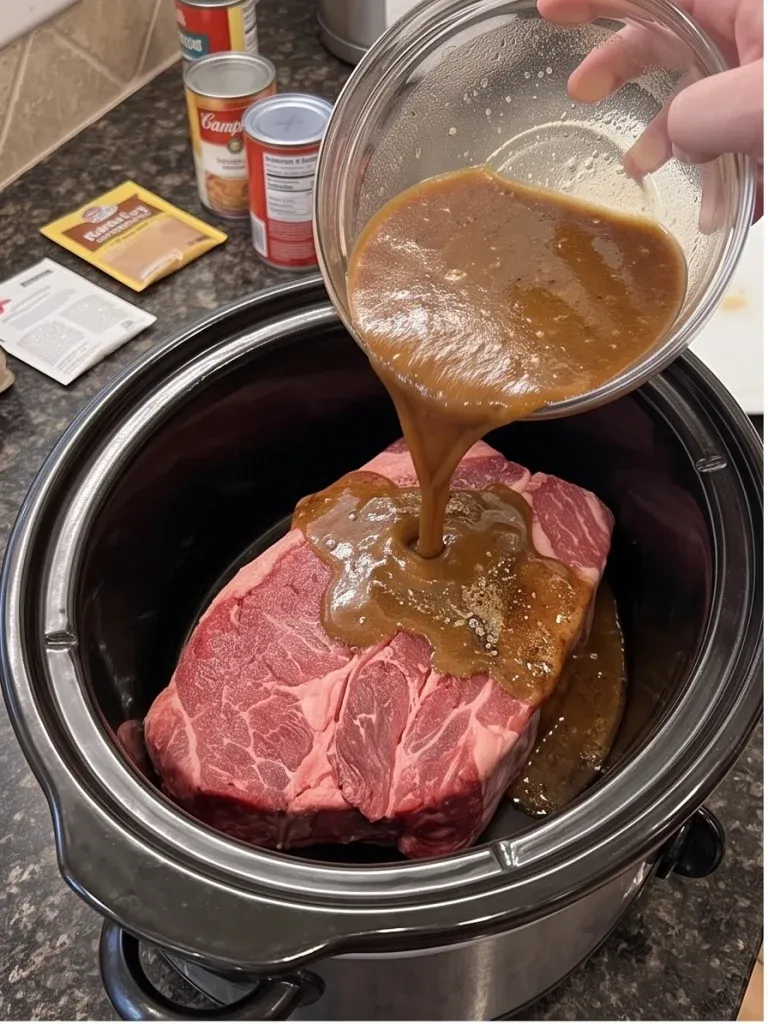 Pouring gravy mixture over a raw chuck roast in a slow cooker for slow cooker pot roast