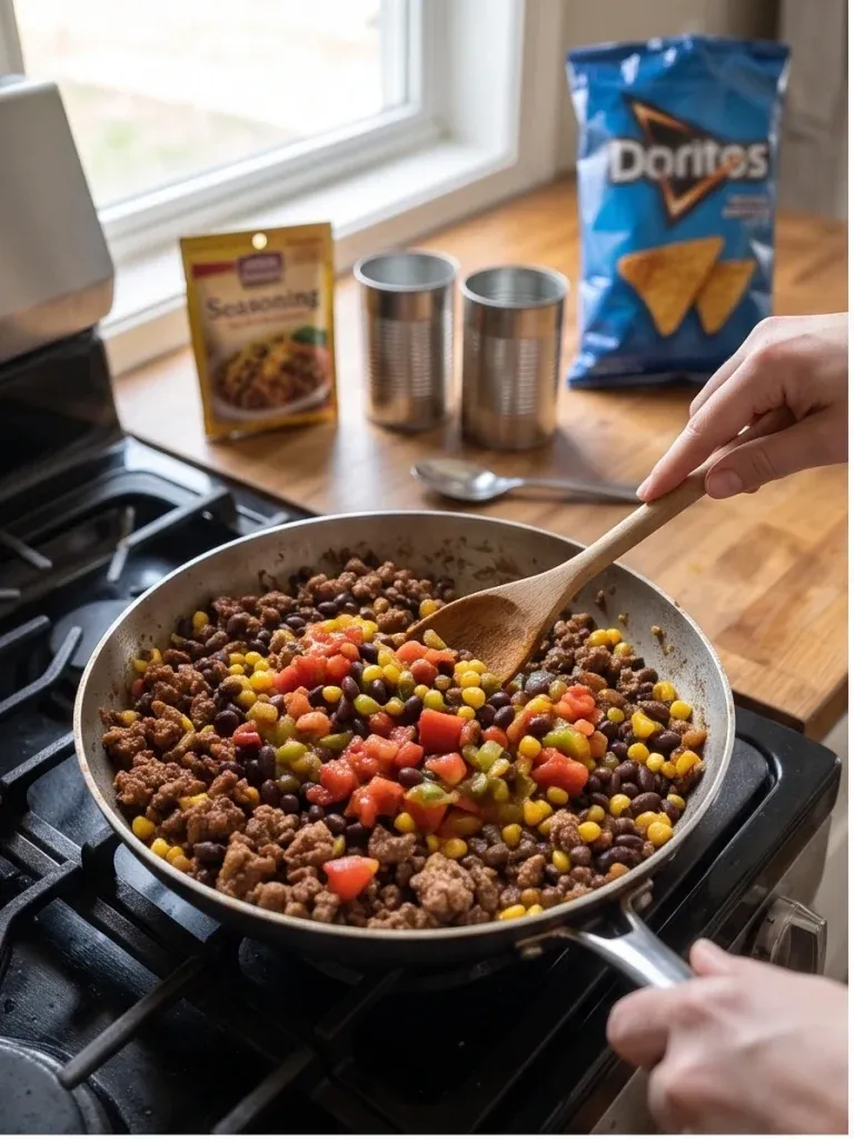Taco meat, black beans, corn, and tomatoes simmering in a skillet for walking taco casserole