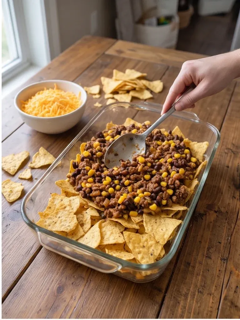 Layering tortilla chips and taco meat mixture in a glass baking dish - photo 2