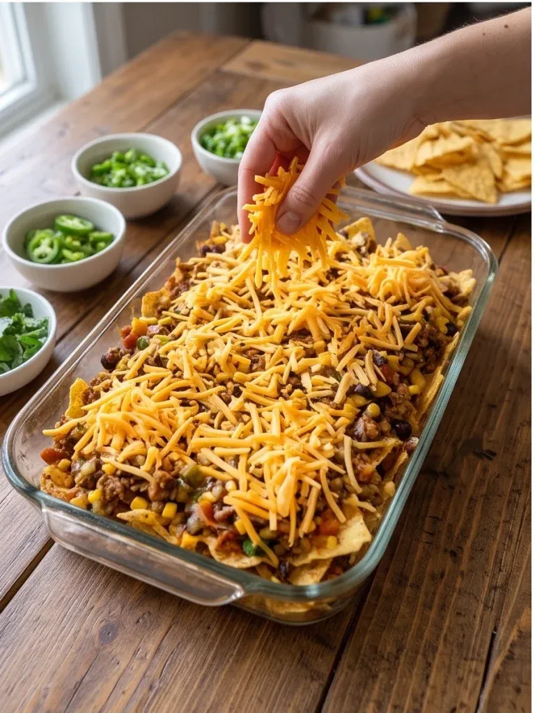 Sprinkling shredded cheddar over the top layer of the casserole - photo 3