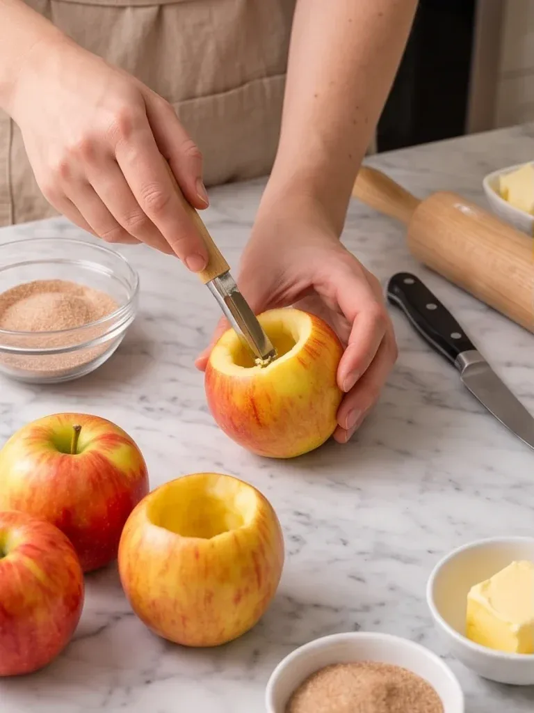 Coring apples and filling them with cinnamon-sugar for wrapped apple pastry cups