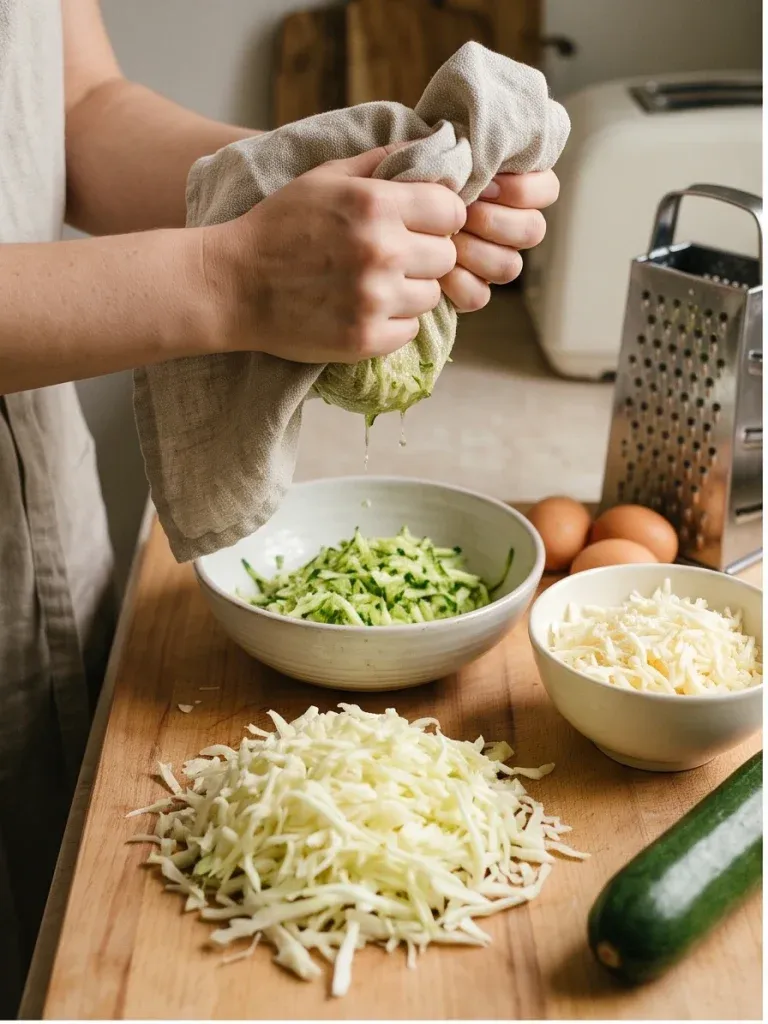 Squeezing grated zucchini in a kitchen towel next to shredded cabbage and mozzarella for zucchini and cabbage fritters