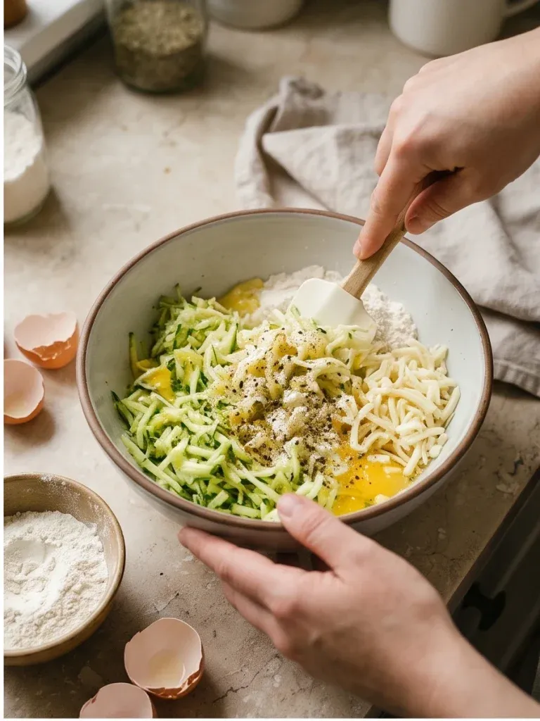 Mixing zucchini, cabbage, eggs, mozzarella, and flour in a bowl - photo 2
