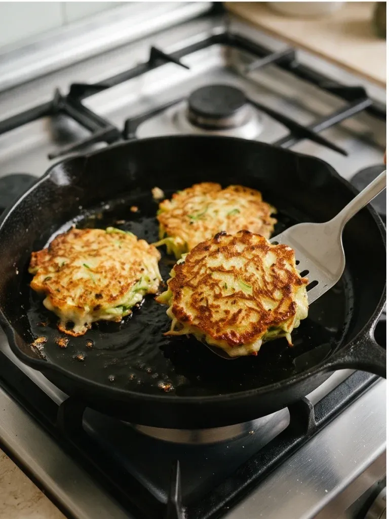 Zucchini and cabbage fritters frying in a cast iron skillet - photo 3