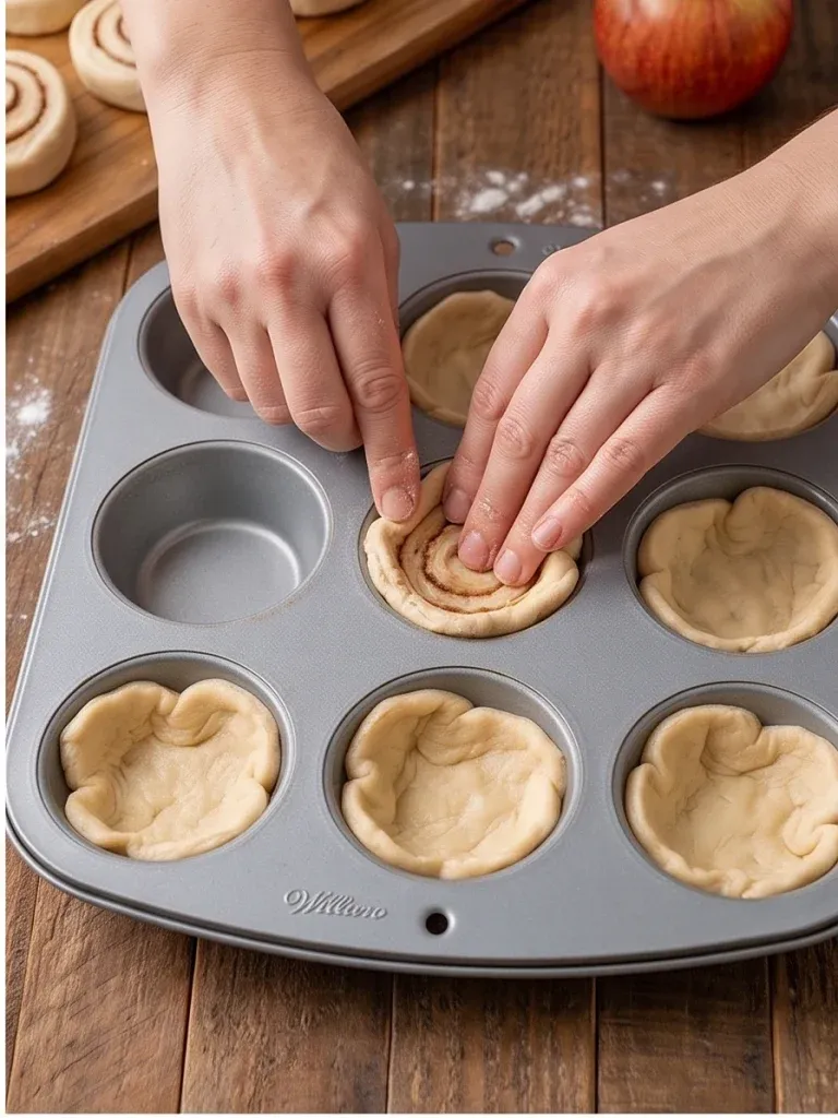 Pressing cinnamon roll dough into a muffin tin to form cups - photo 2