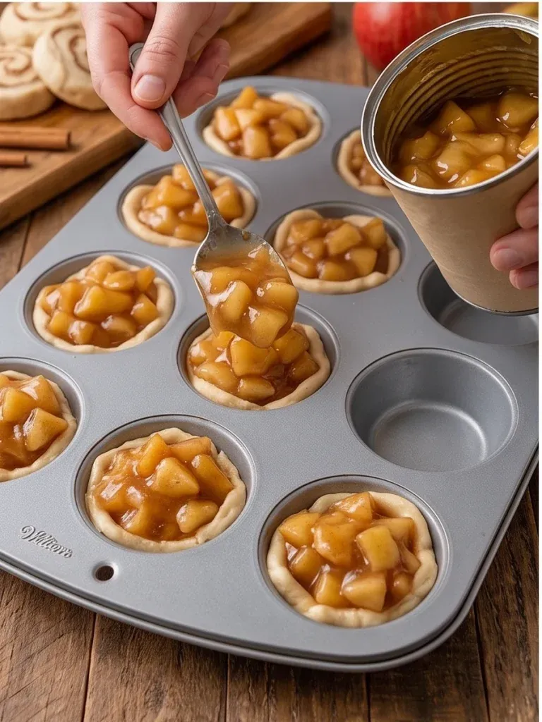 Spooning apple pie filling into cinnamon roll dough cups - photo 3